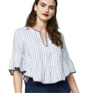 BCBGMAXAZRIA women's L-size white striped top blouse with flared bell sleeves‎